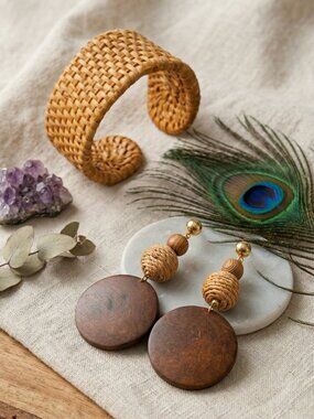 Boho Chic Woven Rattan Cuff Bracelet & Wood Drop Earrings Statement Jewelry Set